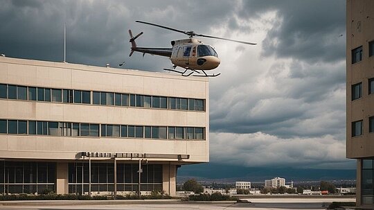 Helikopter fliegt über Krankenhaus-Gebäude.